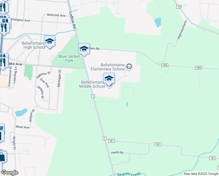 map of restaurants, bars, coffee shops, grocery stores, and more near 1201 Ludlow Road in Bellefontaine