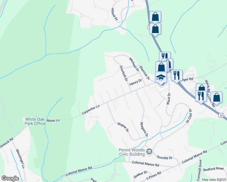 map of restaurants, bars, coffee shops, grocery stores, and more near 14410 Elizabeth Drive in Irwin