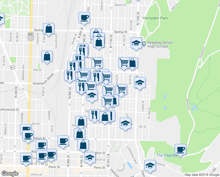 map of restaurants, bars, coffee shops, grocery stores, and more near 559 North 11th Street in Reading