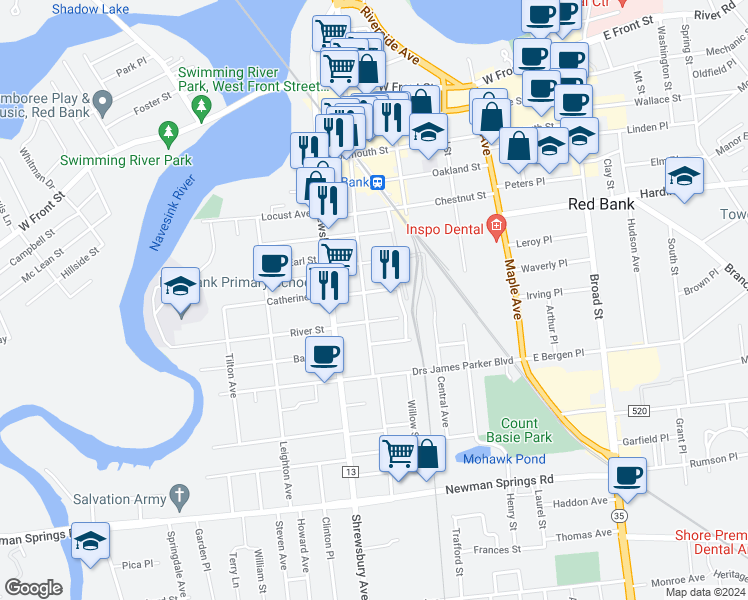 map of restaurants, bars, coffee shops, grocery stores, and more near 191 Bridge Avenue in Red Bank