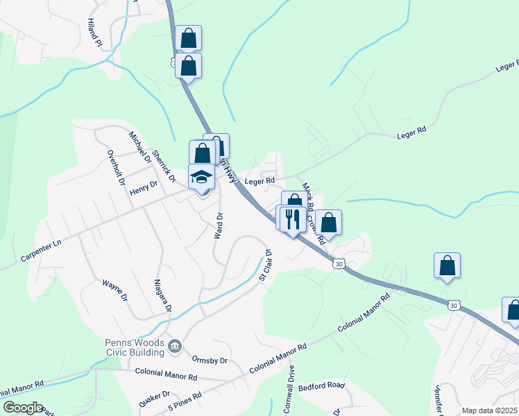 map of restaurants, bars, coffee shops, grocery stores, and more near 404 Maryland Lane in Irwin
