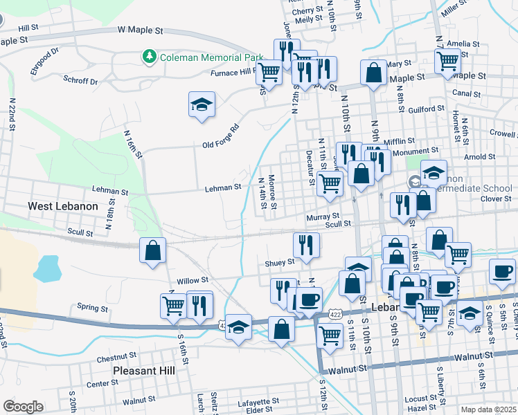 map of restaurants, bars, coffee shops, grocery stores, and more near 343 North 14th Street in Lebanon