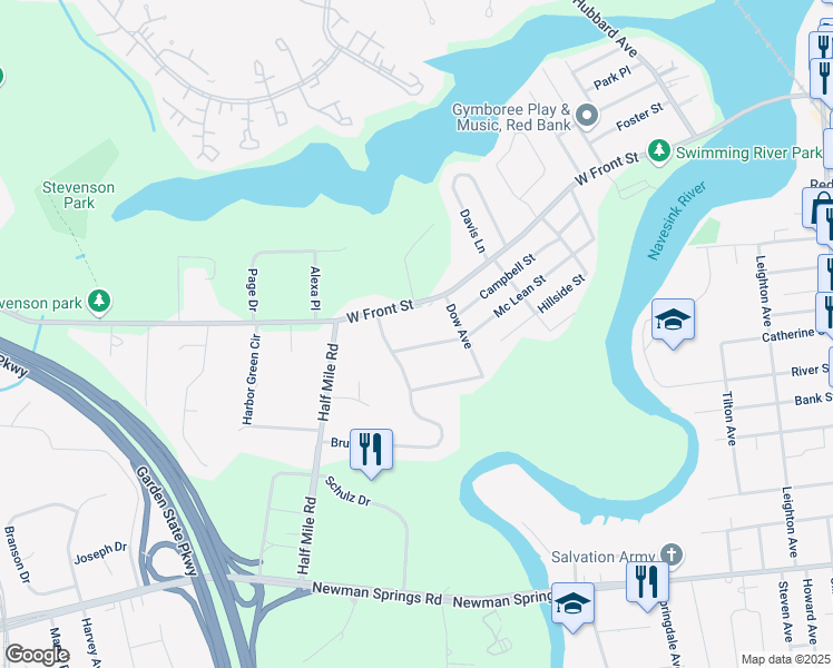 map of restaurants, bars, coffee shops, grocery stores, and more near 26 Deane Way in Red Bank