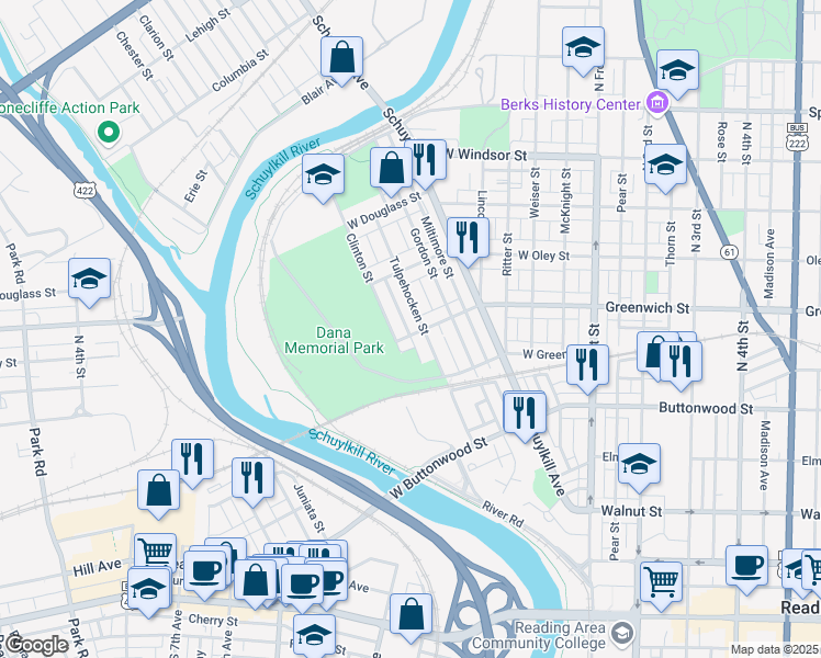 map of restaurants, bars, coffee shops, grocery stores, and more near 605 Eisenbrown Street in Reading