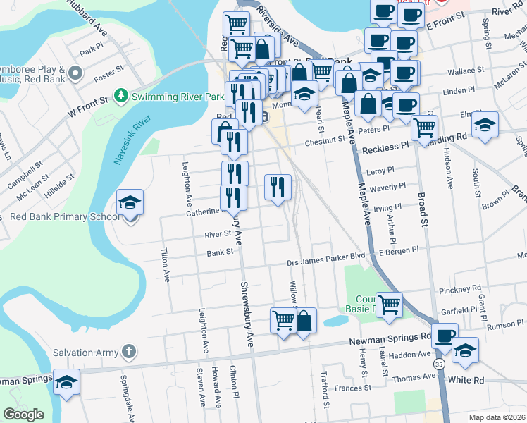map of restaurants, bars, coffee shops, grocery stores, and more near 191 Bridge Avenue in Red Bank