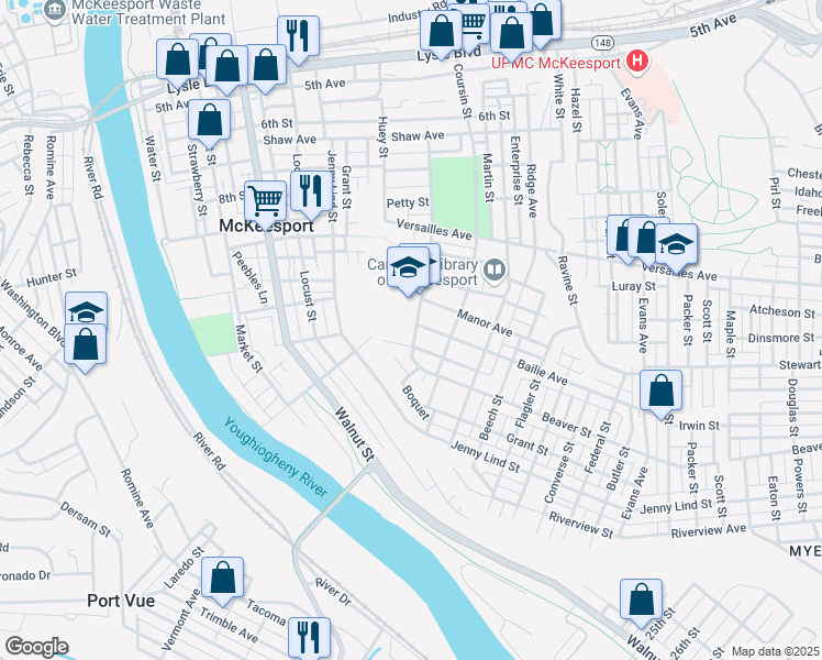 map of restaurants, bars, coffee shops, grocery stores, and more near 1328 Bailie Avenue in McKeesport