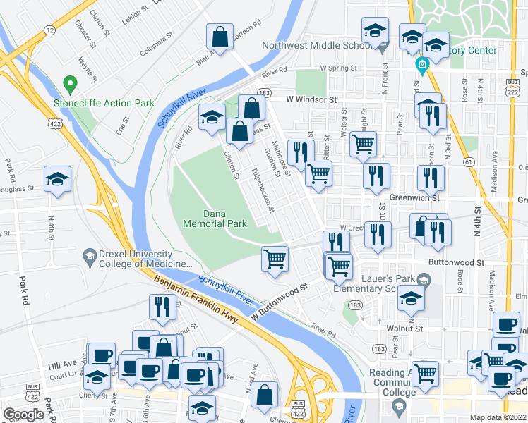 map of restaurants, bars, coffee shops, grocery stores, and more near 367 West Greenwich Street in Wyomissing