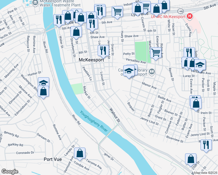 map of restaurants, bars, coffee shops, grocery stores, and more near 1130 Jenny Lind St in McKeesport