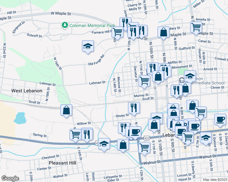 map of restaurants, bars, coffee shops, grocery stores, and more near 343 North 14th Street in Lebanon