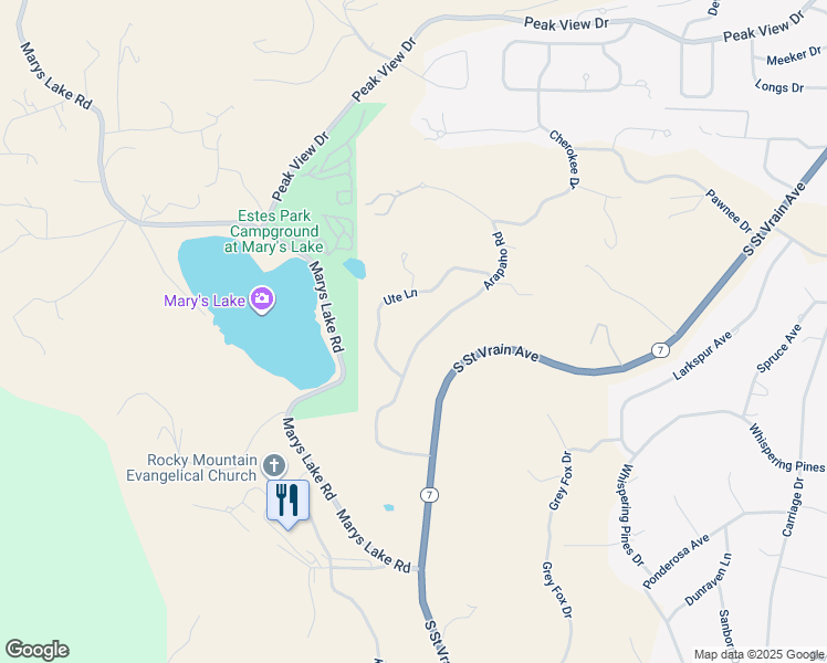 map of restaurants, bars, coffee shops, grocery stores, and more near 2261 Arapaho Road in Estes Park