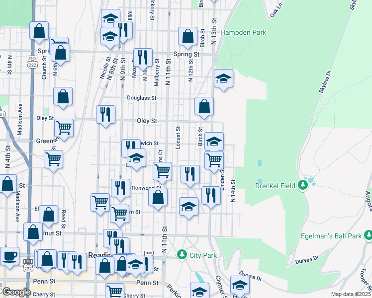 map of restaurants, bars, coffee shops, grocery stores, and more near 1218 East Greenwich Street in Reading