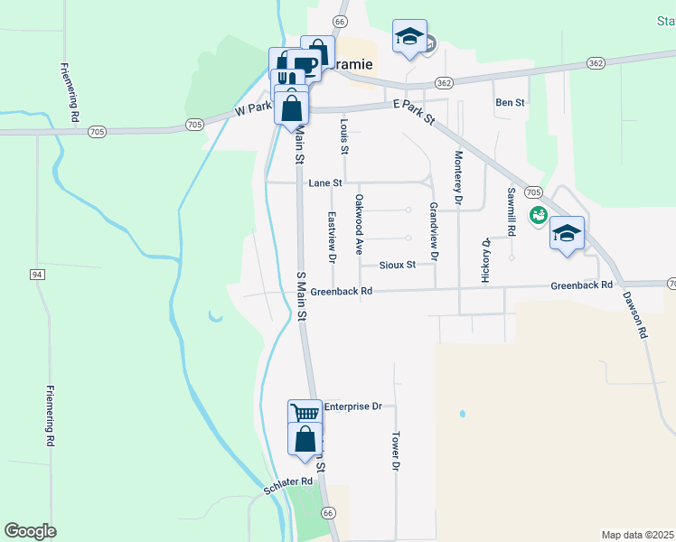 map of restaurants, bars, coffee shops, grocery stores, and more near 79 Eastview Drive in Fort Loramie