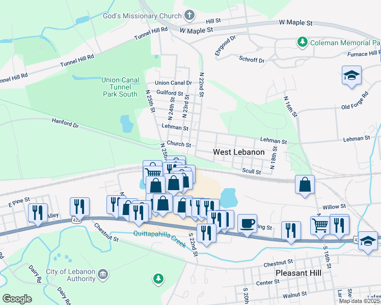 map of restaurants, bars, coffee shops, grocery stores, and more near 309 North 22nd Street in Lebanon