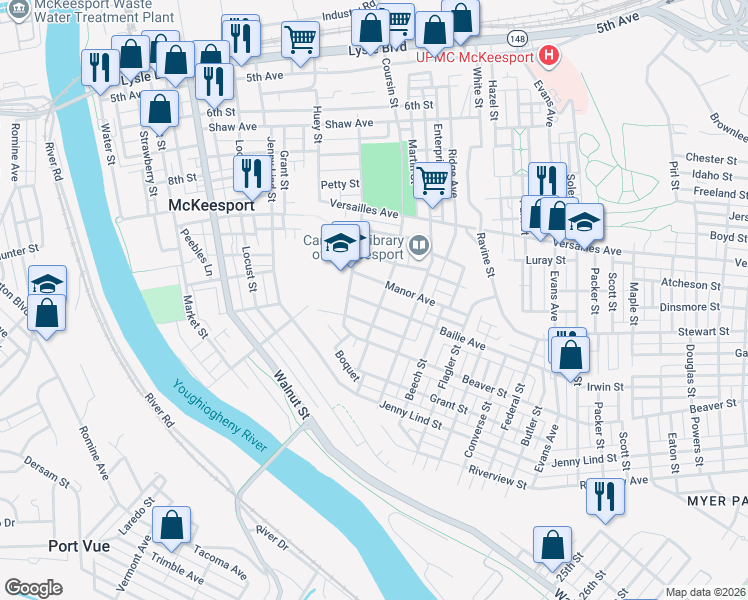 map of restaurants, bars, coffee shops, grocery stores, and more near 1614 Coursin Street in McKeesport
