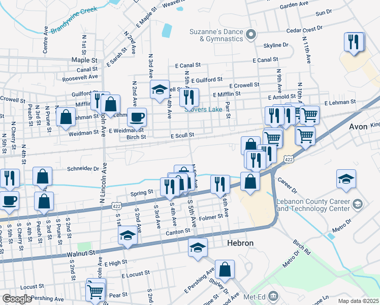 map of restaurants, bars, coffee shops, grocery stores, and more near 269 North 5th Avenue in Lebanon