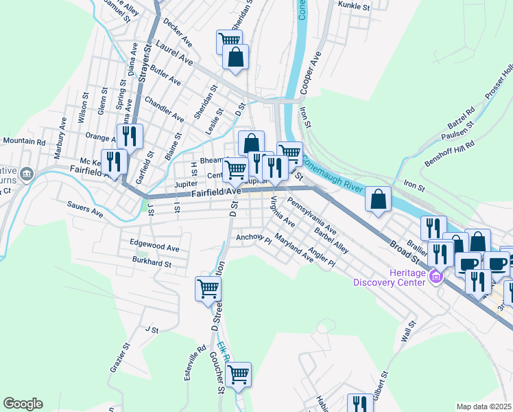 map of restaurants, bars, coffee shops, grocery stores, and more near 88 Barron Avenue in Johnstown