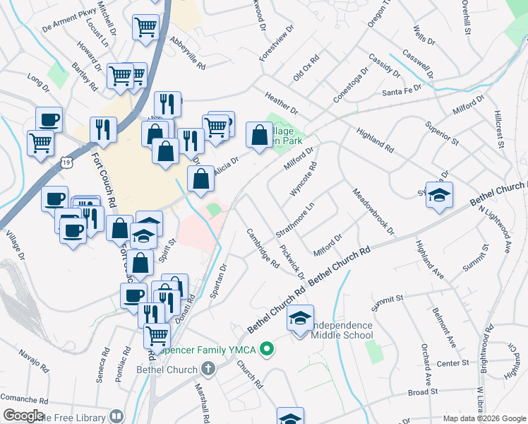 map of restaurants, bars, coffee shops, grocery stores, and more near 111 Pickwick Drive in Bethel Park