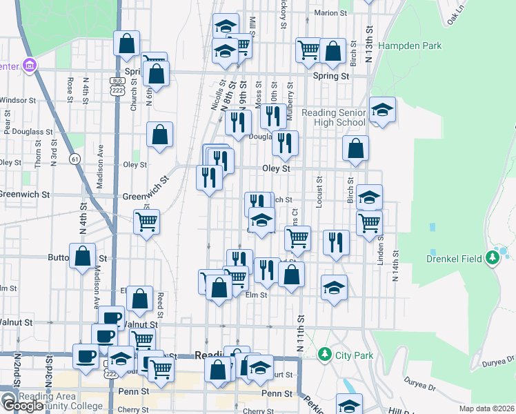 map of restaurants, bars, coffee shops, grocery stores, and more near 542 North 10th Street in Reading