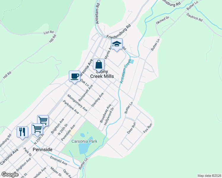 map of restaurants, bars, coffee shops, grocery stores, and more near 308 Woodland Avenue in Reading