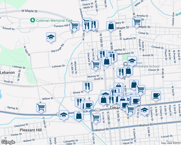map of restaurants, bars, coffee shops, grocery stores, and more near 1119 Church Street in Lebanon