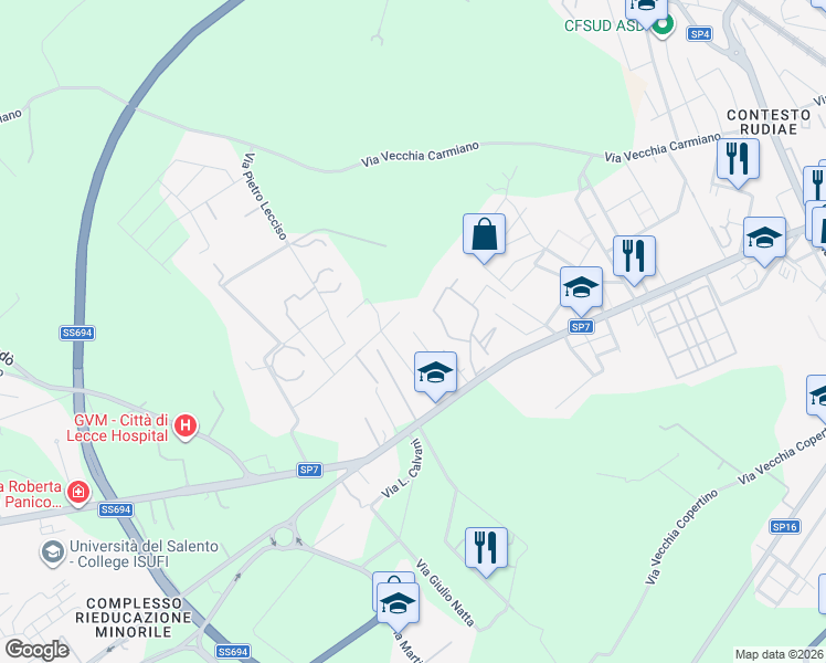 map of restaurants, bars, coffee shops, grocery stores, and more near Via Marisa Bellisario in Lecce