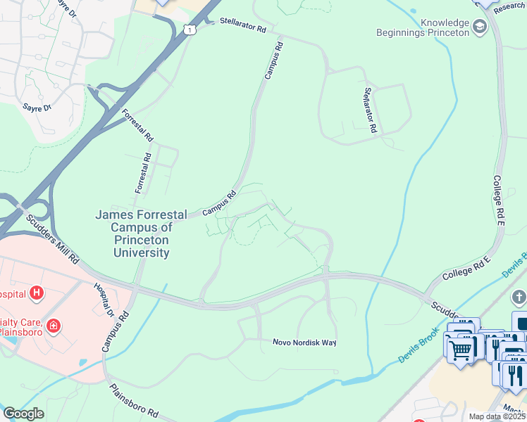 map of restaurants, bars, coffee shops, grocery stores, and more near 777 Scudders Mill Road in Princeton