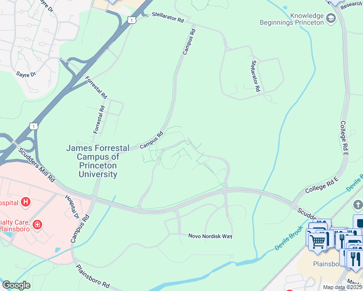 map of restaurants, bars, coffee shops, grocery stores, and more near 777 Scudders Mill Road in Princeton