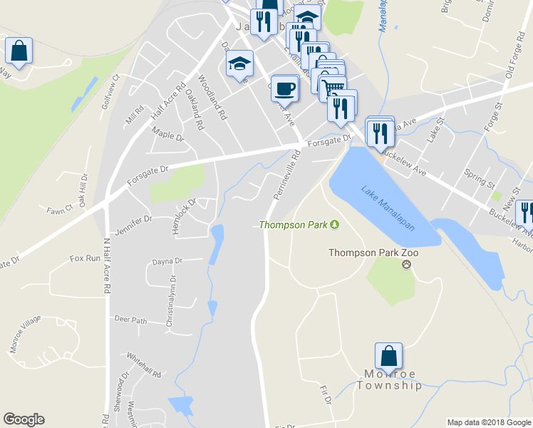 map of restaurants, bars, coffee shops, grocery stores, and more near 110 Perrineville Road in Jamesburg