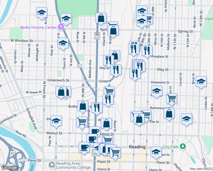 map of restaurants, bars, coffee shops, grocery stores, and more near 524 North 6th Street in Reading