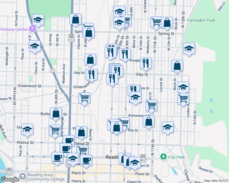map of restaurants, bars, coffee shops, grocery stores, and more near 537 North 8th Street in Reading