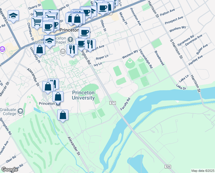 map of restaurants, bars, coffee shops, grocery stores, and more near in Princeton