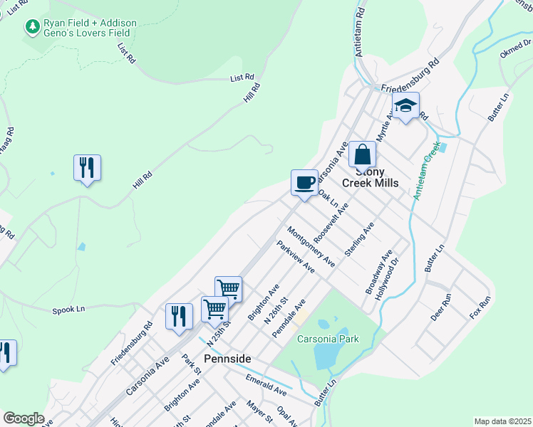 map of restaurants, bars, coffee shops, grocery stores, and more near 1045 Friedensburg Road in Reading