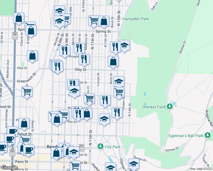 map of restaurants, bars, coffee shops, grocery stores, and more near 1218 East Greenwich Street in Reading