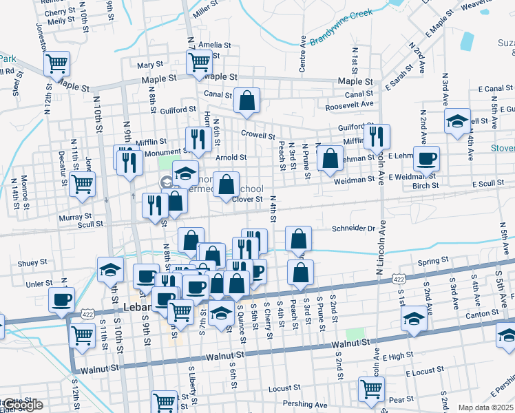 map of restaurants, bars, coffee shops, grocery stores, and more near 425 Scull Street in Lebanon