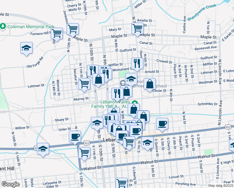 map of restaurants, bars, coffee shops, grocery stores, and more near 314 North 8th Street in Lebanon