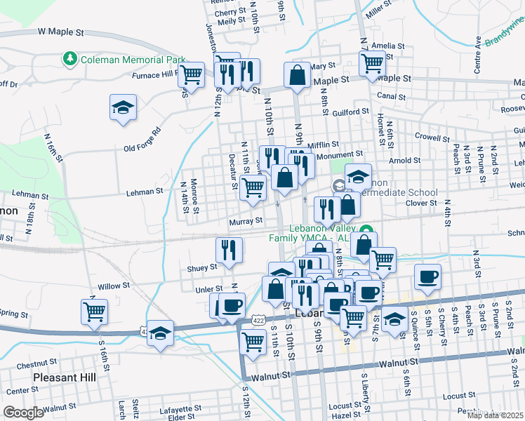 map of restaurants, bars, coffee shops, grocery stores, and more near 1024 Church Street in Lebanon