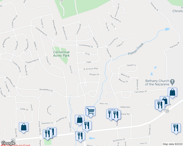 map of restaurants, bars, coffee shops, grocery stores, and more near 4312 Ashdon Drive in Harrisburg