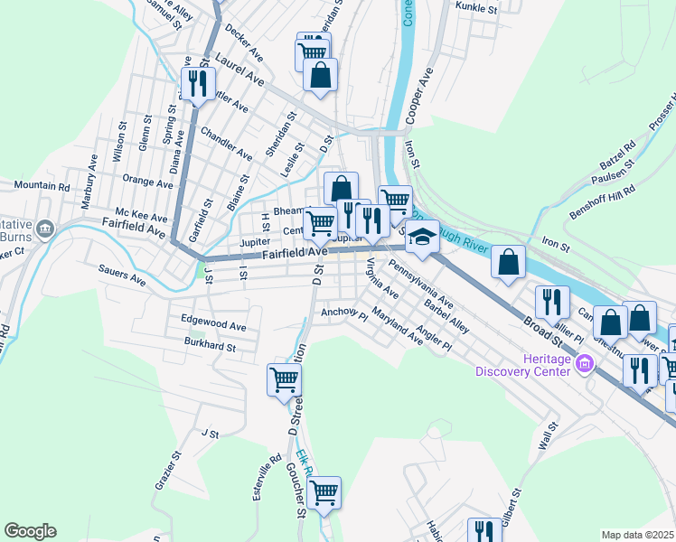 map of restaurants, bars, coffee shops, grocery stores, and more near 88 Barron Avenue in Johnstown