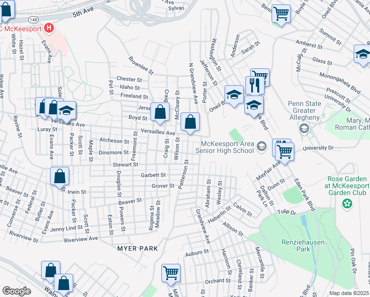 map of restaurants, bars, coffee shops, grocery stores, and more near 1309 Patterson Street in McKeesport