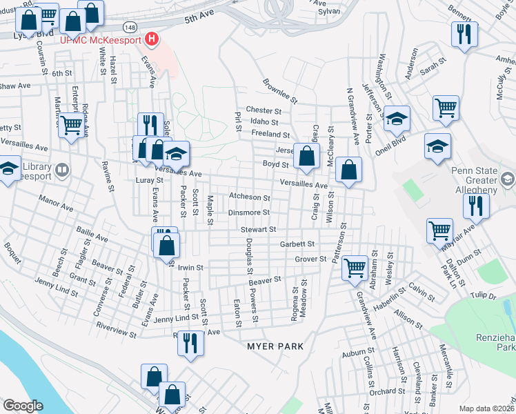 map of restaurants, bars, coffee shops, grocery stores, and more near 1310 Pirl Street in McKeesport