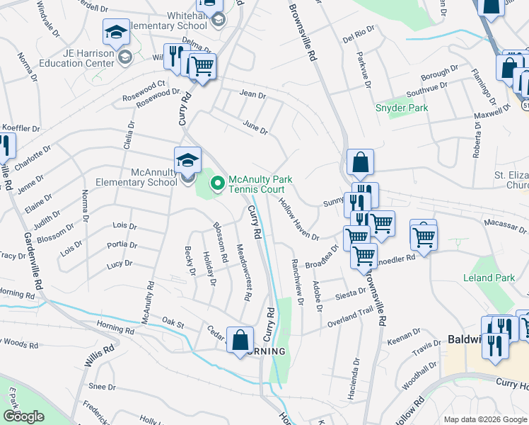 map of restaurants, bars, coffee shops, grocery stores, and more near 5218 Curry Road in Pittsburgh
