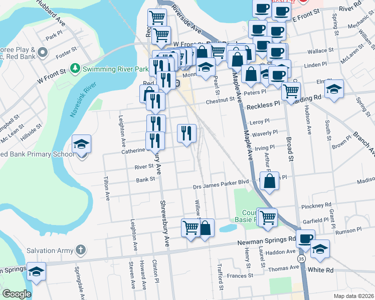 map of restaurants, bars, coffee shops, grocery stores, and more near 27 Cedar Crossing in Red Bank