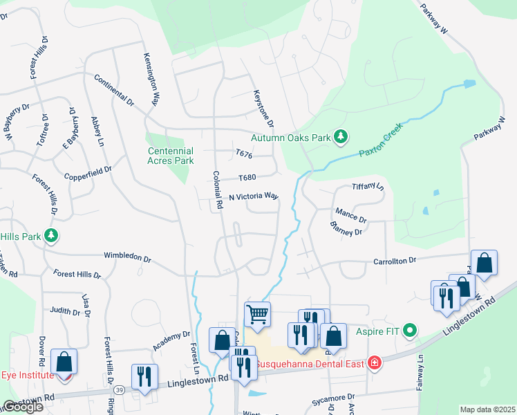 map of restaurants, bars, coffee shops, grocery stores, and more near 4314 Ashdon Drive in Harrisburg