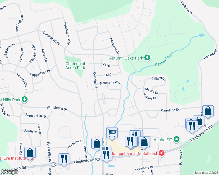 map of restaurants, bars, coffee shops, grocery stores, and more near Ashdon Drive in Harrisburg