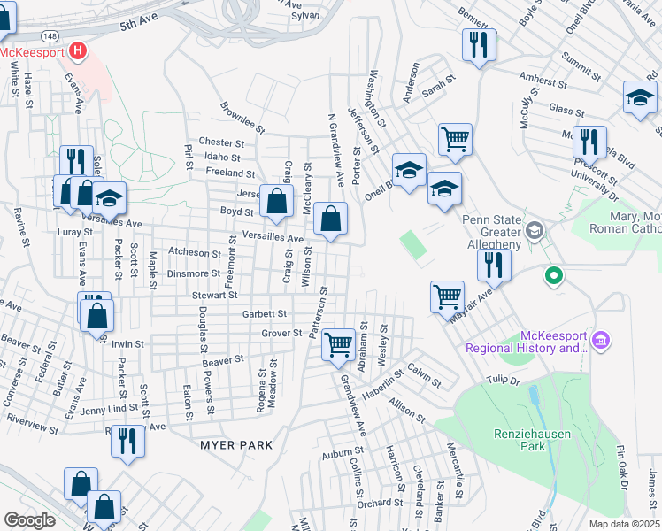 map of restaurants, bars, coffee shops, grocery stores, and more near 1309 Patterson Street in McKeesport