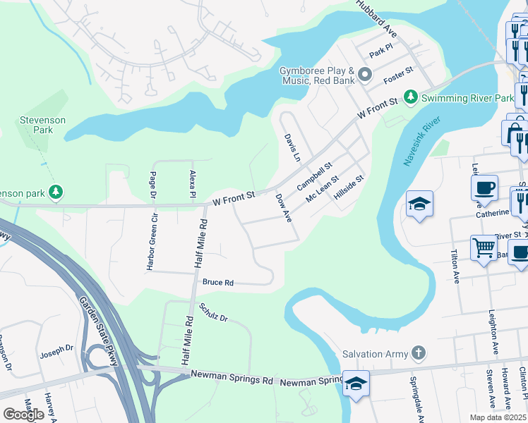 map of restaurants, bars, coffee shops, grocery stores, and more near 26 Deane Way in Red Bank