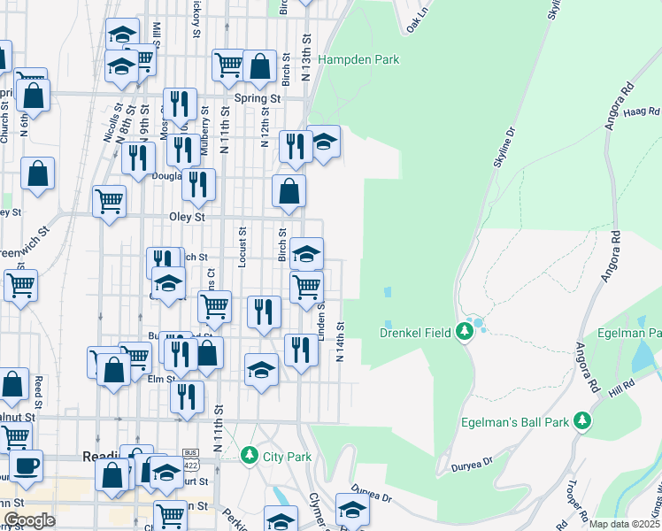 map of restaurants, bars, coffee shops, grocery stores, and more near 1346 East Greenwich Street in Reading