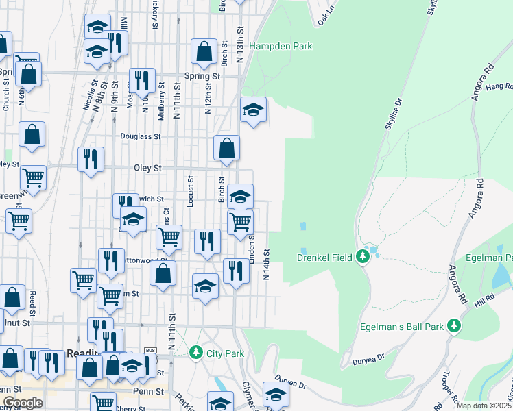 map of restaurants, bars, coffee shops, grocery stores, and more near 1338 Greenwich St in Reading