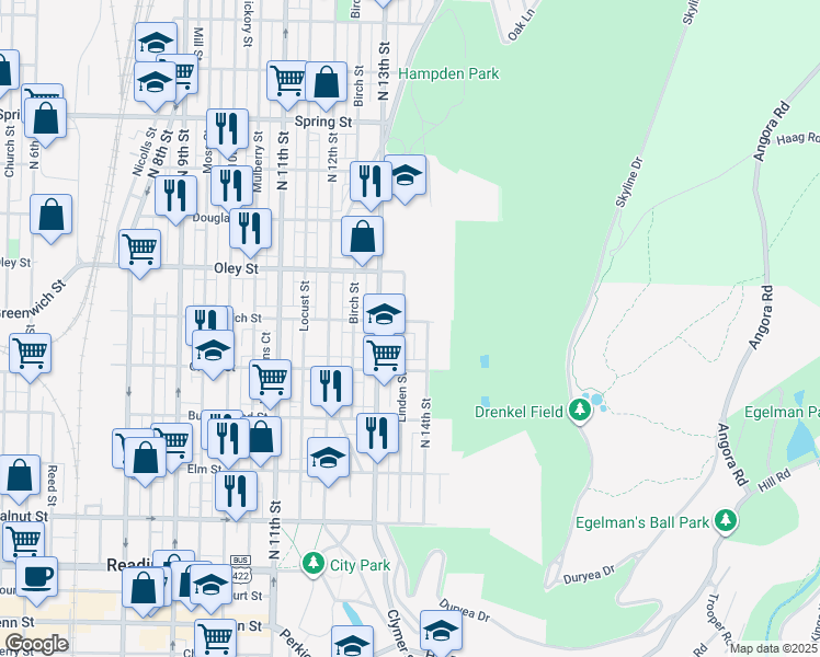 map of restaurants, bars, coffee shops, grocery stores, and more near 1338 Greenwich St in Reading
