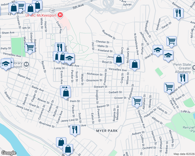 map of restaurants, bars, coffee shops, grocery stores, and more near 1310 Pirl Street in McKeesport